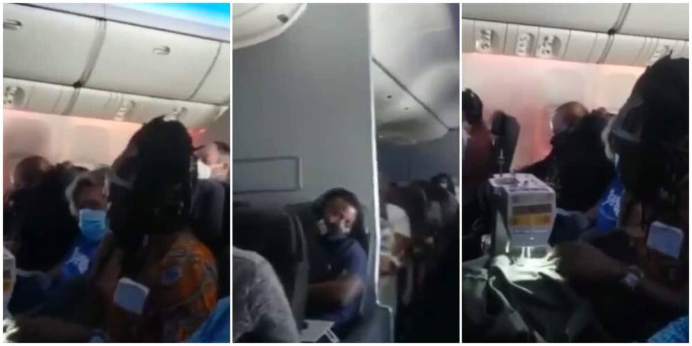 Reactions as black woman is seen sewing clothes on an aeroplane in hilarious video
