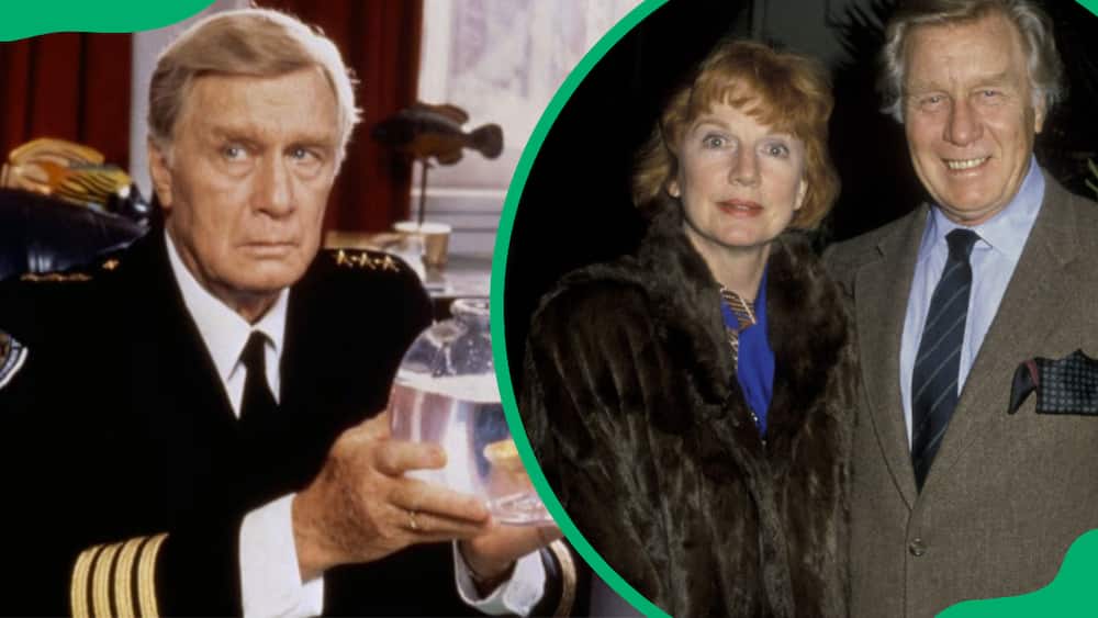 George Gaynes holds some water in a glass (L). Actor George Gaynes and Allyn Ann McLerie at Spago Restaurant in California