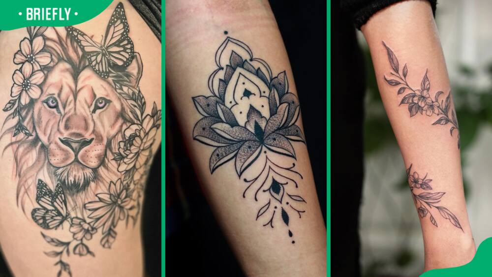 Lion flower (L), mandala lotus (C) and flower vine tattoo (R)