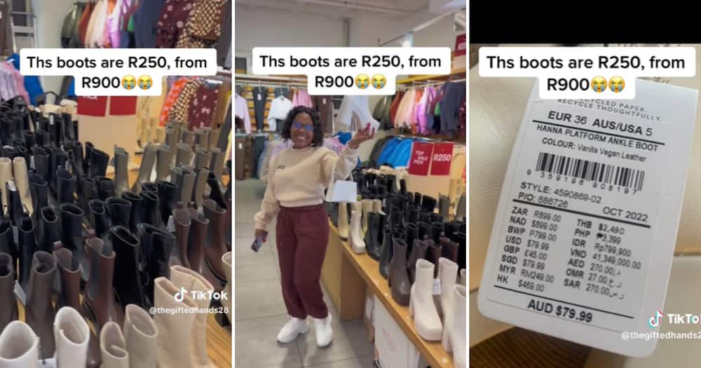TikTok user @thegiftedhands28 shared a video showing the Cotton On boots she got for R250