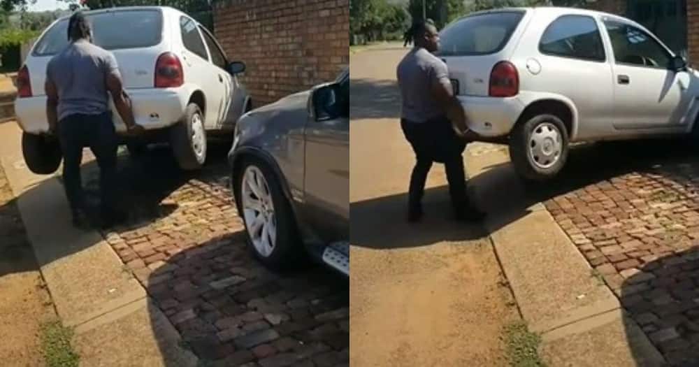 Man, caught in video, picking up car, parked him in, Corsa Lite, strength, shocking, Mzansi reacts