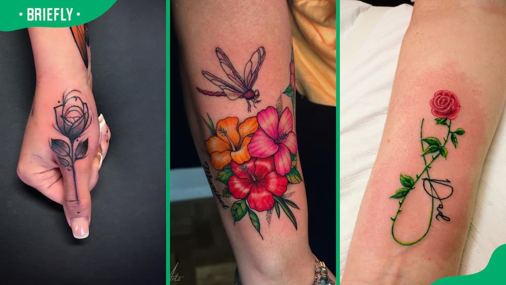 Thumb (L), dragonfly (C), and Infinity flower tattoos (R)