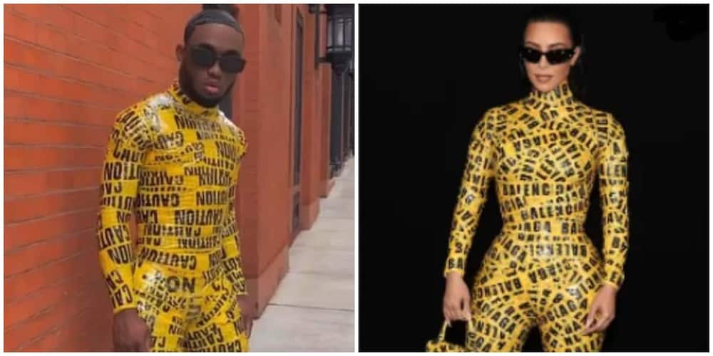 Photos of a man and Kim Kardashian in Yellow Tape Catsuit looks.