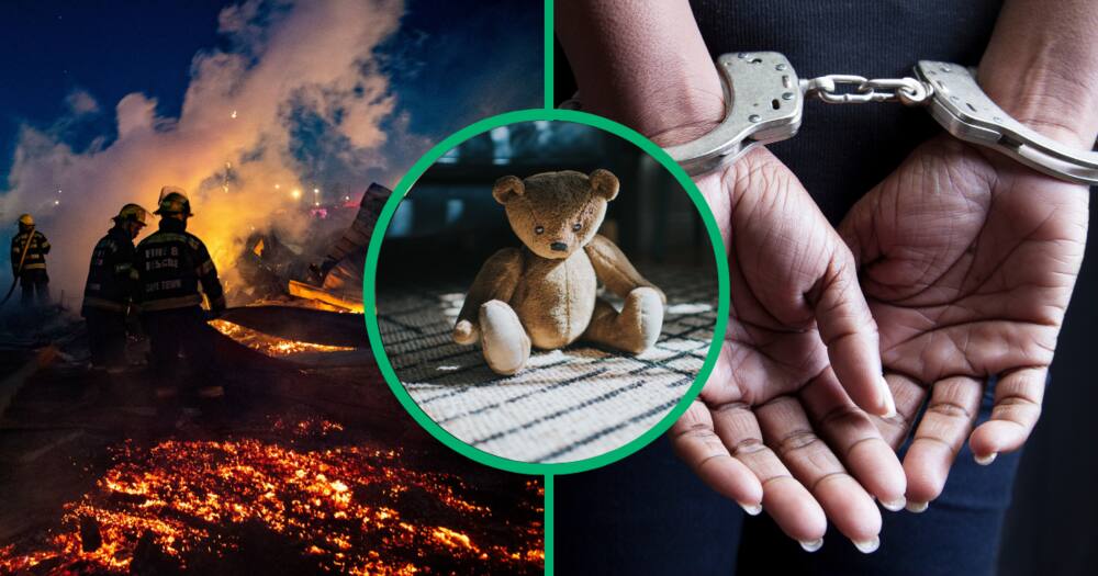 A collage image a of firefighters putting out a fire, a teddy bear and a woman in handcuffs