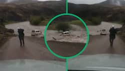 Taxi attempts to cross flooded road with raging water, video has Mzansi people shaking their heads