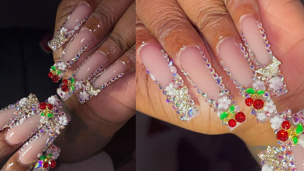 Long nails with floral decorations