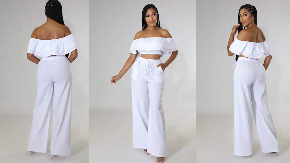 Two-piece high-waisted pants and off-shoulder crop top