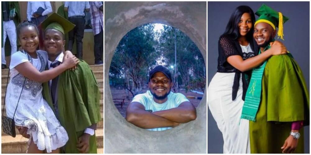 Nigerian man celebrates graduation from school by carrying his sister on one arm to recreate matric photo