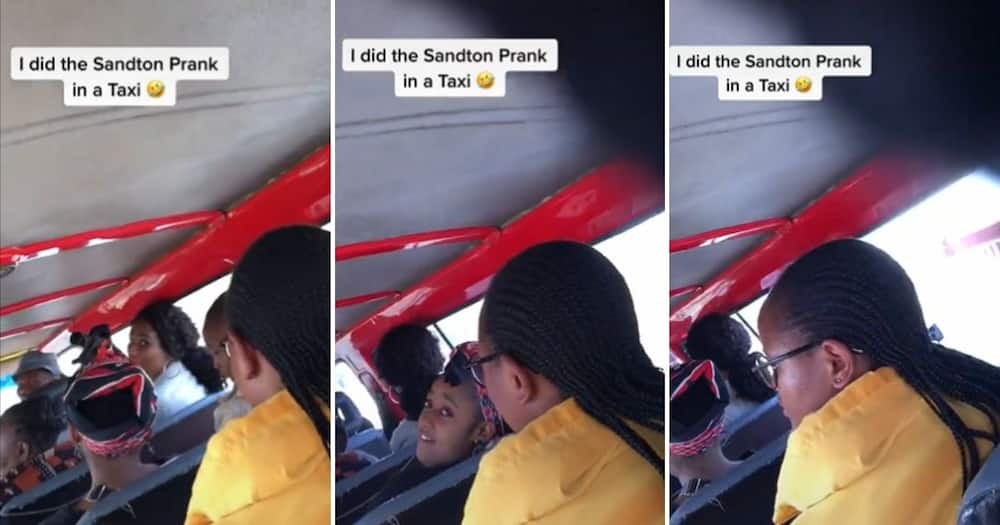 A young woman riding in a Mzansi taxi recorded doing the Sandton prank on the other passengers and they fell for it.