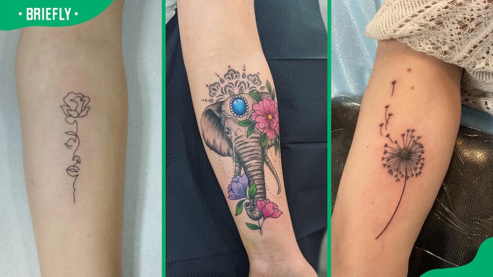 Fine line (L), elephant (C) and dandelion flower tattoos (R)