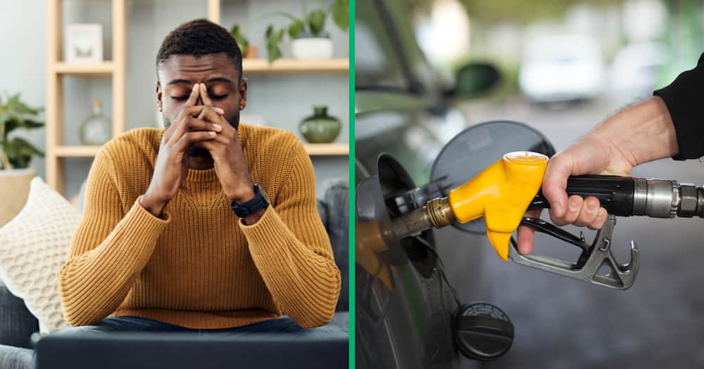 Collage image of a man stressed and some filling a car with petrol