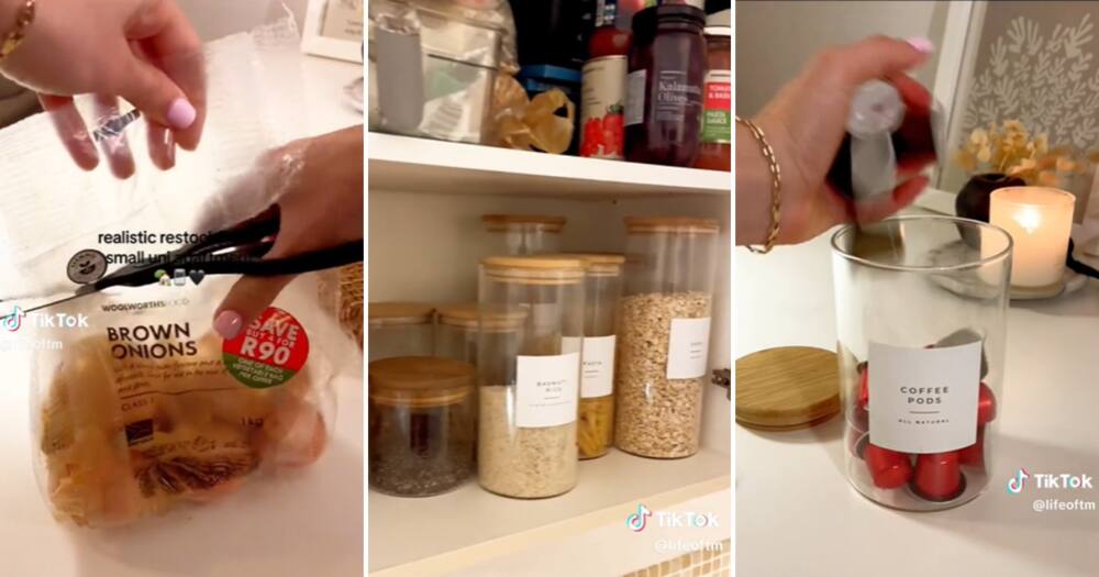 TikTok user @lifeoftm has a labelled jar and container for everything, nothing stays in its original packaging