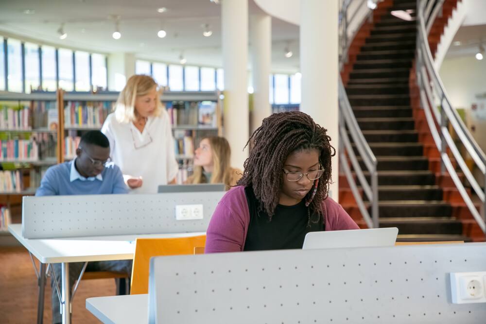 Students using laptops in the library