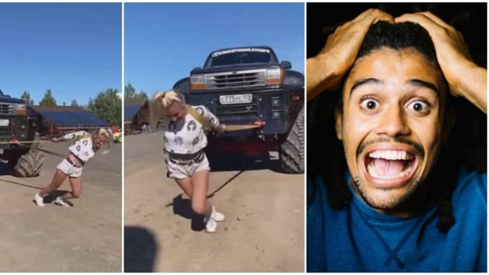 Lady pulls gigantic car using only ropes in incredible video, leaves many in disbelief
