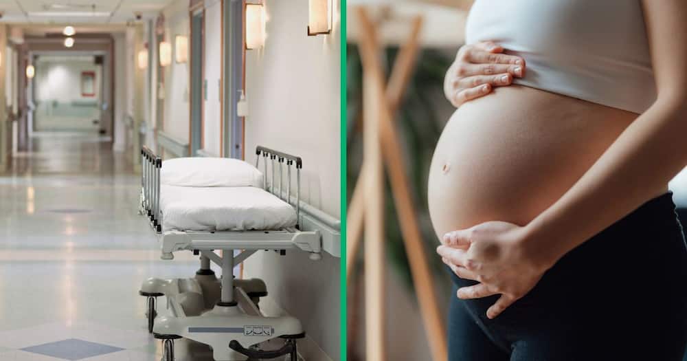 Collage image of a hospital corridor and a pregnant woman cradling her belly