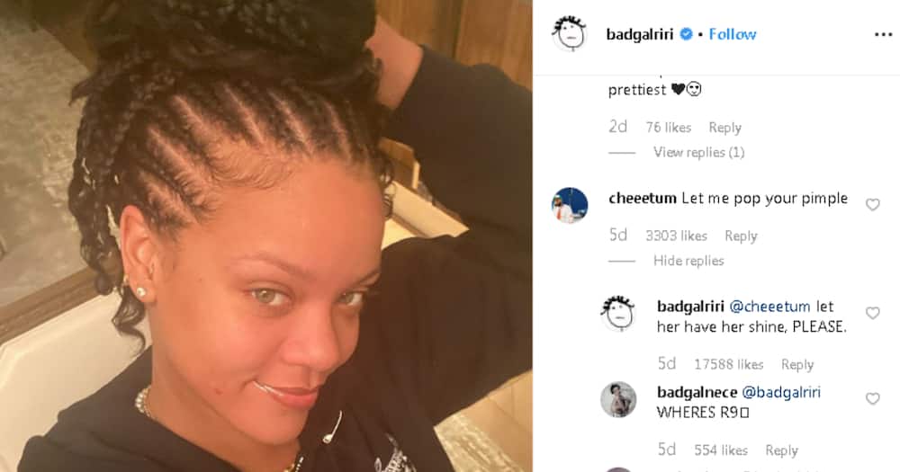 Rihanna gives funny reply to online troll commenting on her pimple
