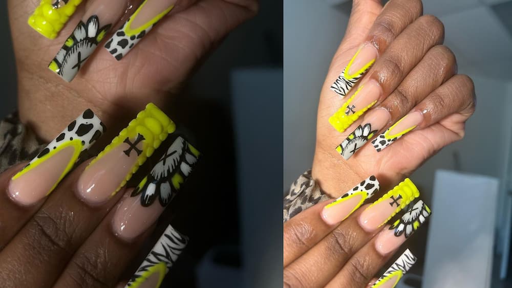 Clear with yellow, black, and white tips