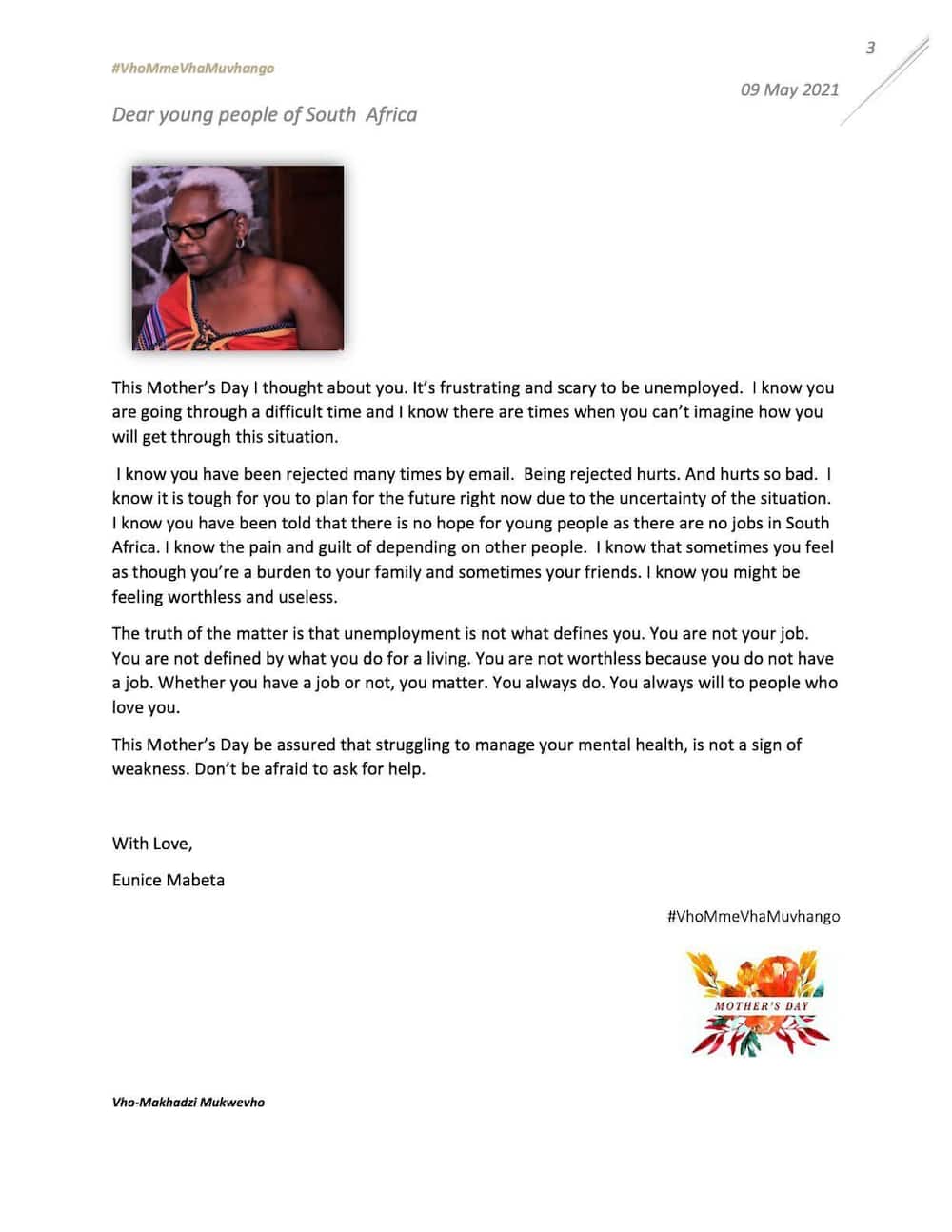 Muvhango mothers write letters to the youth in commemoration of Mother's Day