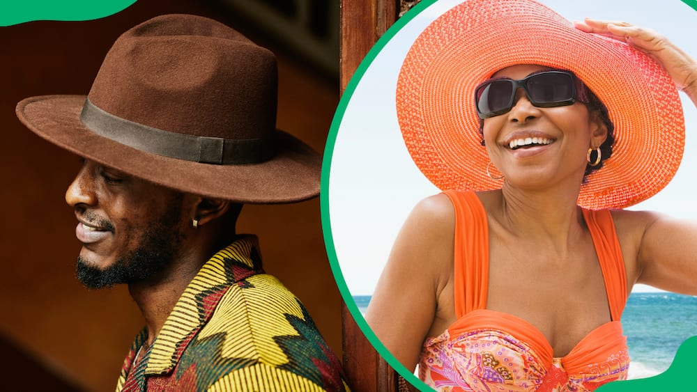 A man wearing a stylish brown (L). A woman wearing a large, bright orange sun hat (R)