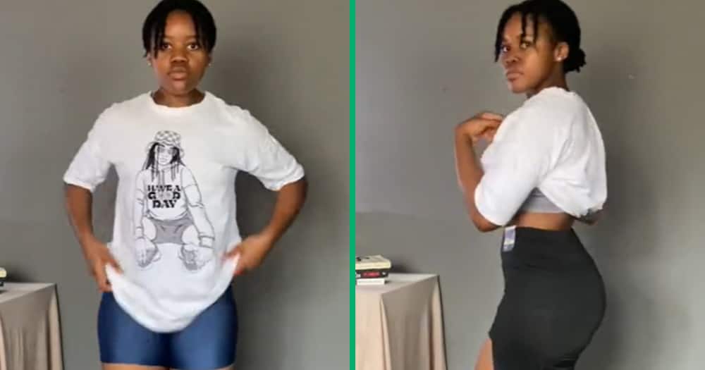 A lady who posted a video on TikTok trying on new gym outfits.