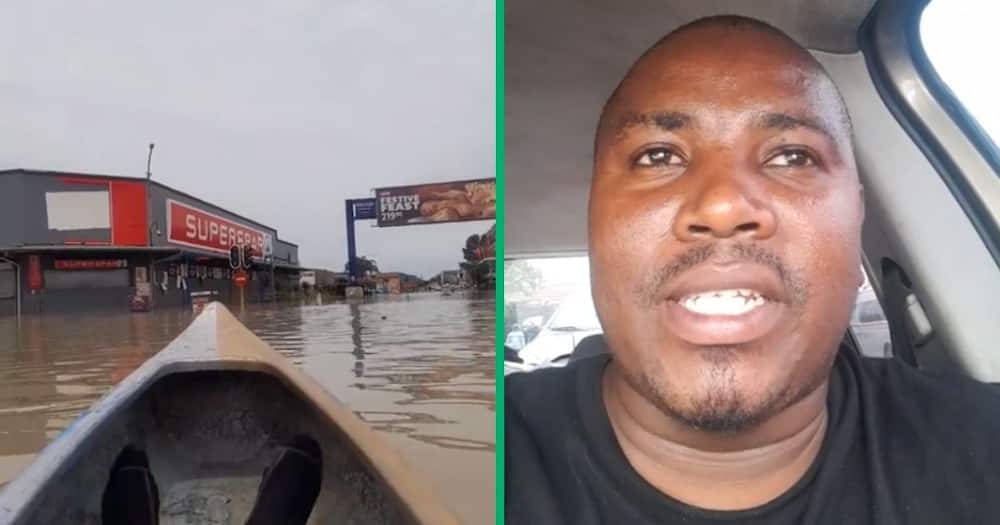 A man found a humourous mechanism during the KZN floods, canoeing on the flooded streets.