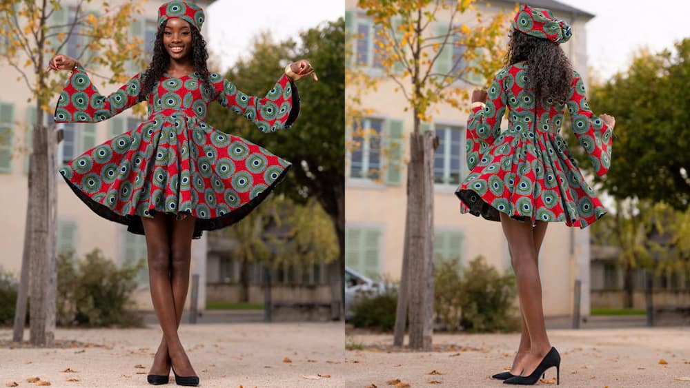 Elegant African print gown with long bell-sleeves and matching headwrap