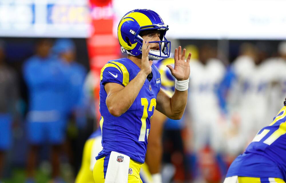 QB Bennett of the Los Angeles Rams in the second half during a preseason game at SoFi Stadium on 12 August 2023.