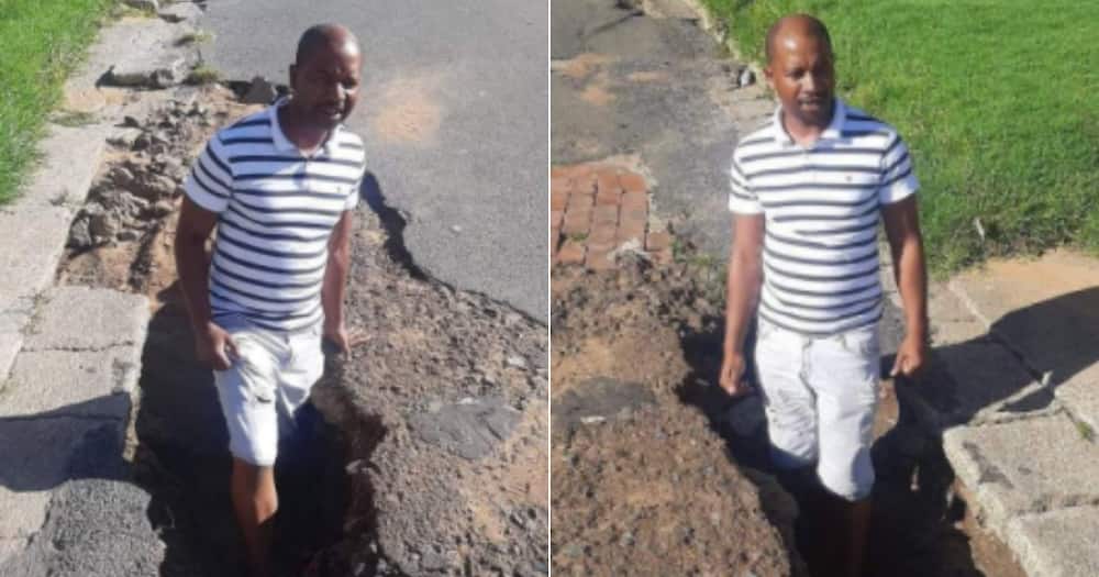 “The City of Potholes”: Man Stands Waist Deep in Street Pothole, SA Seriously Gatvol