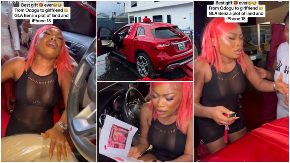 A man gives a lady a new Mercedes Benz and iPhone 15 as a gift
