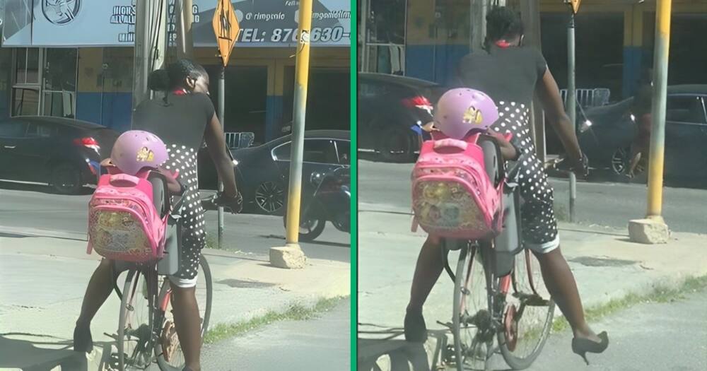 Woman in TikTok video ride bike with daughter