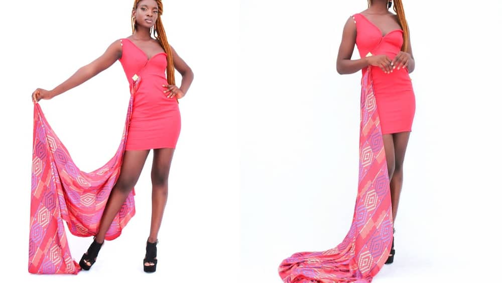 Red bodycon dress with kente inspired silk ornament and drape