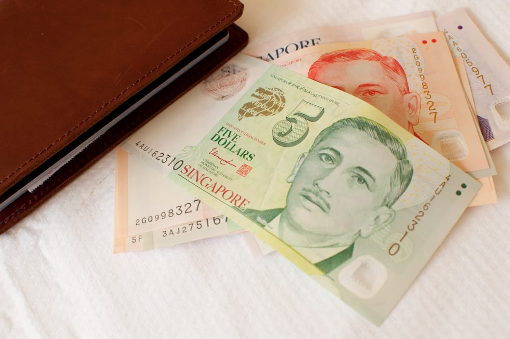 Singaporean currency beside a brown notebook