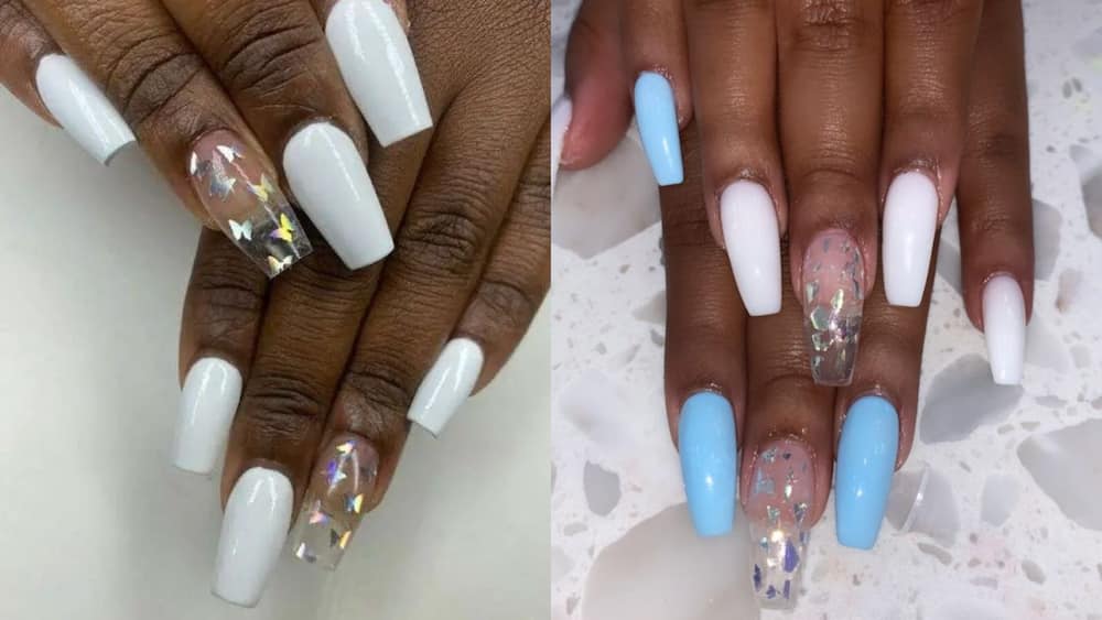 Soft white and sky blue nail design