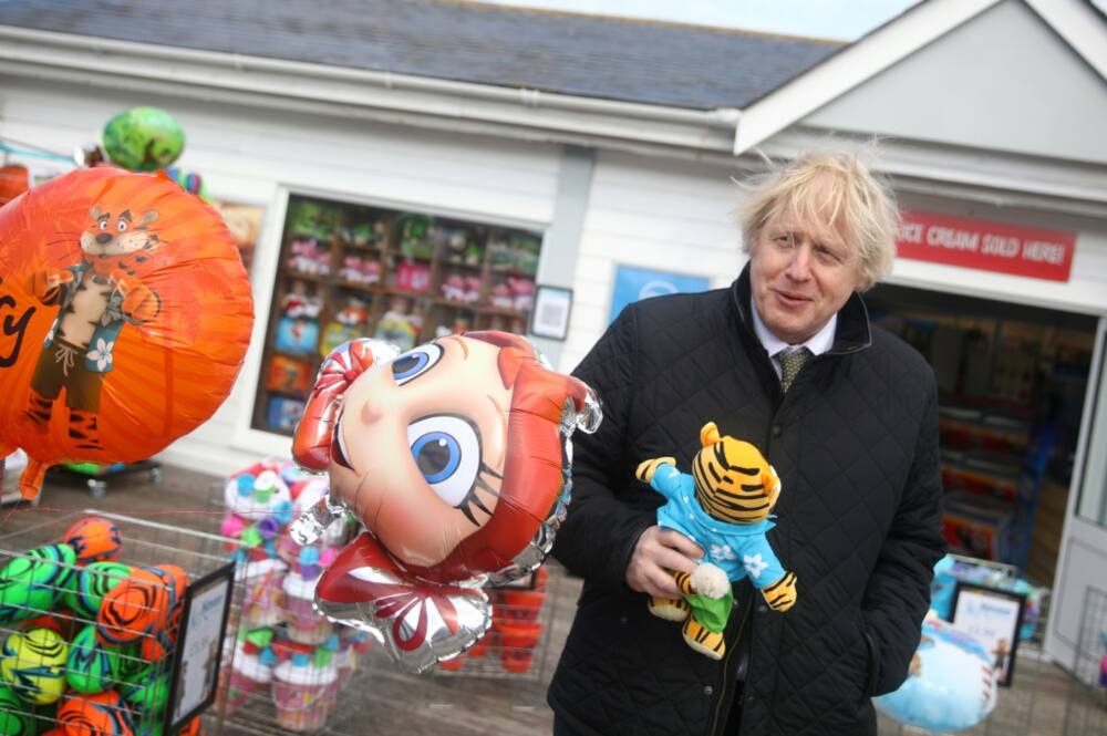 Boris Johnson on an official visit to a holiday park in Cornwall, in April 2021