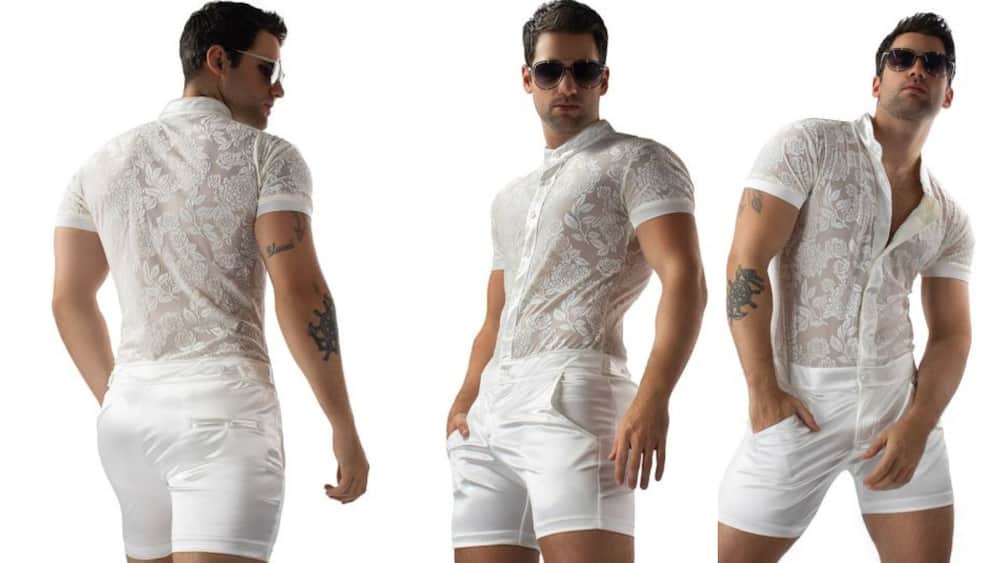 Men's sheer floral white romper with front buttons and three pockets