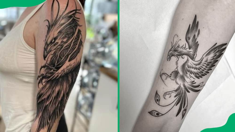 Black and grey phoenix tattoo