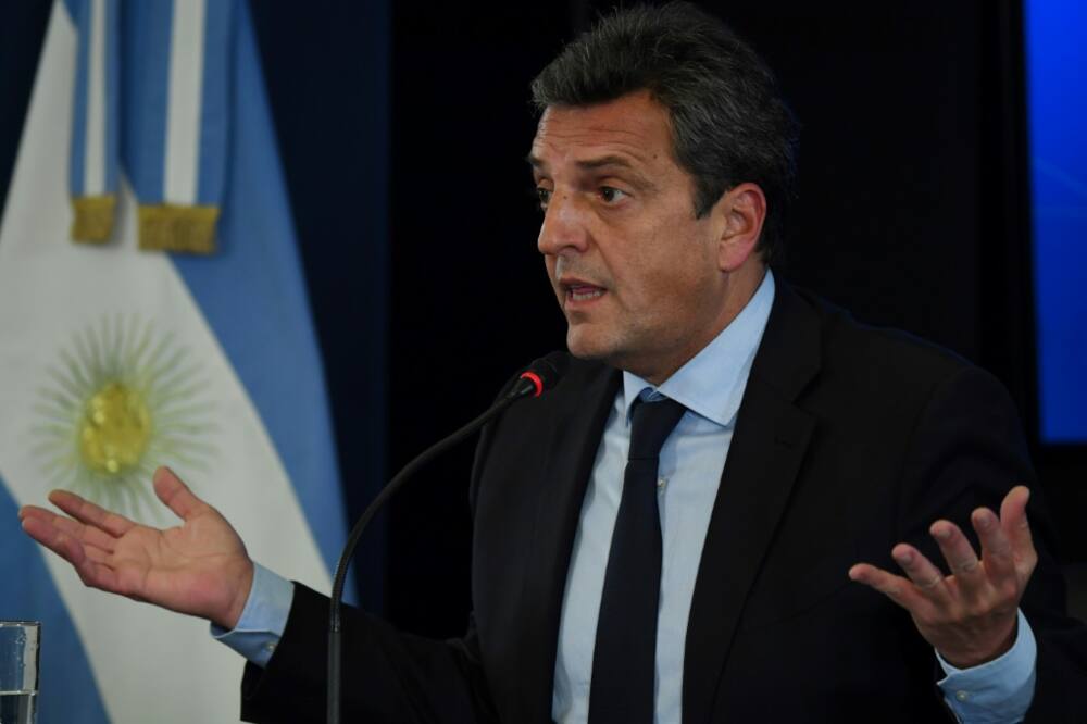 New Argentine Economy Minister Sergio Massa speaks during a press conference after his swearing-in in Buenos Aires, on August 3, 2022
