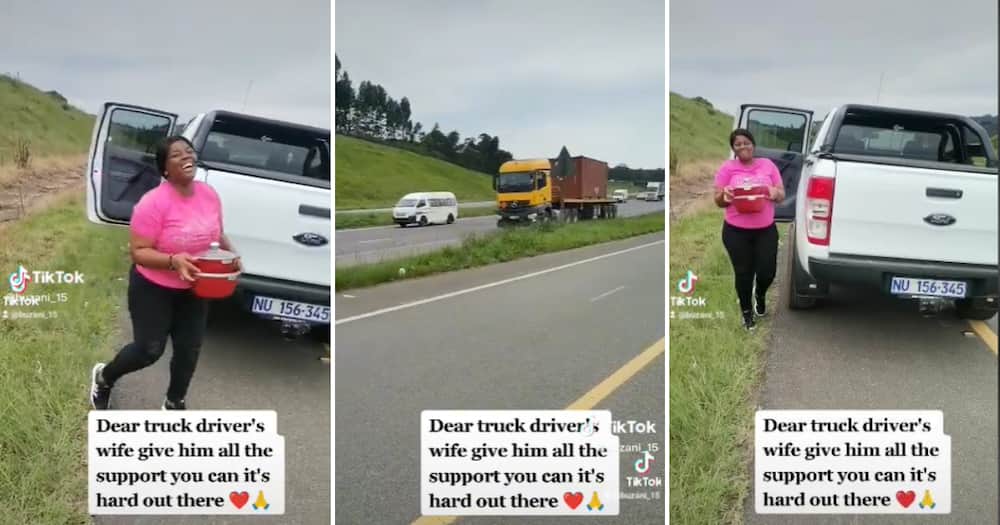 TikTok user @buzani_15 shared a video of a woman parking on the side of the highway to give her man a warm meal