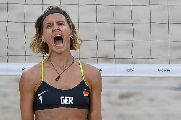 Laura Ludwig reacts during the women's beach volleyball