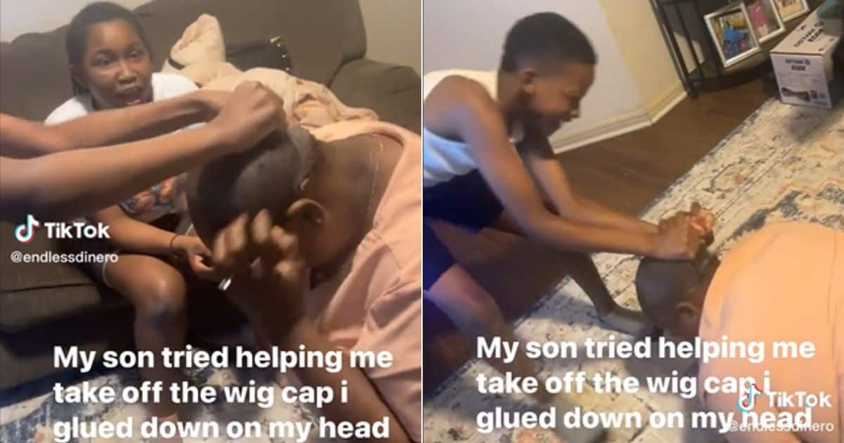 Boy Drags Mom Across Floor to Help Her Remove Wig Cap in TikTok