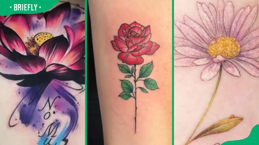 Lotus (L), Rose (C) and Daisy (R) tattoos