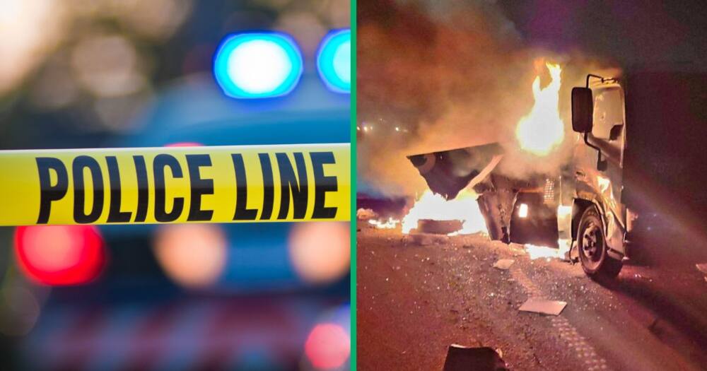 Collage of police tape and a burning armoured truck in Durban