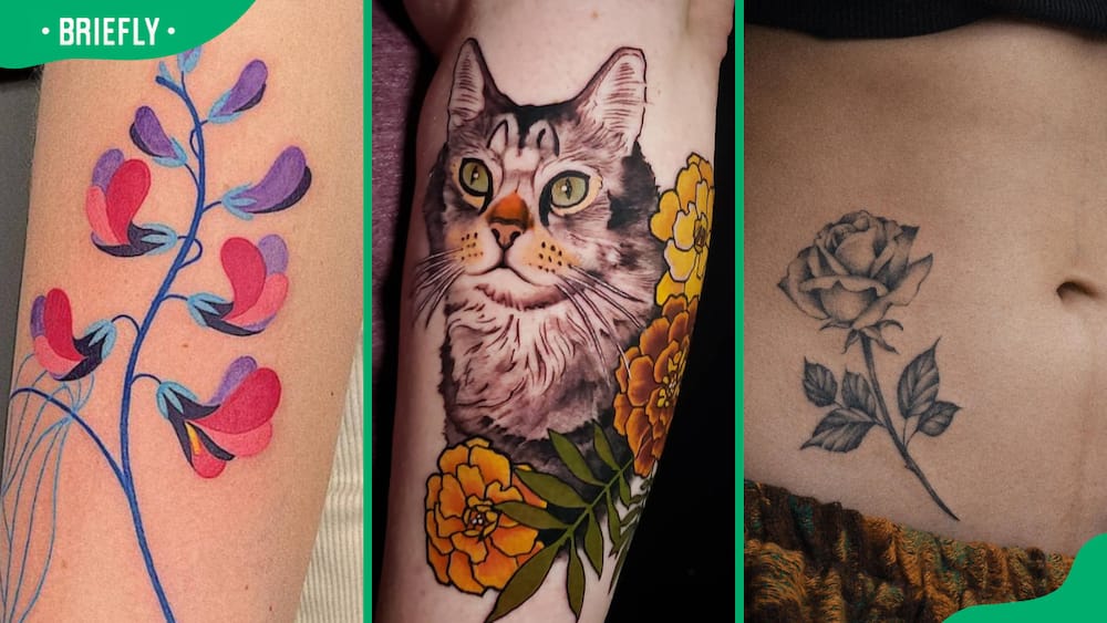 Sweet pea (L), cat & flower (C) and stomach flower tattoos (R)