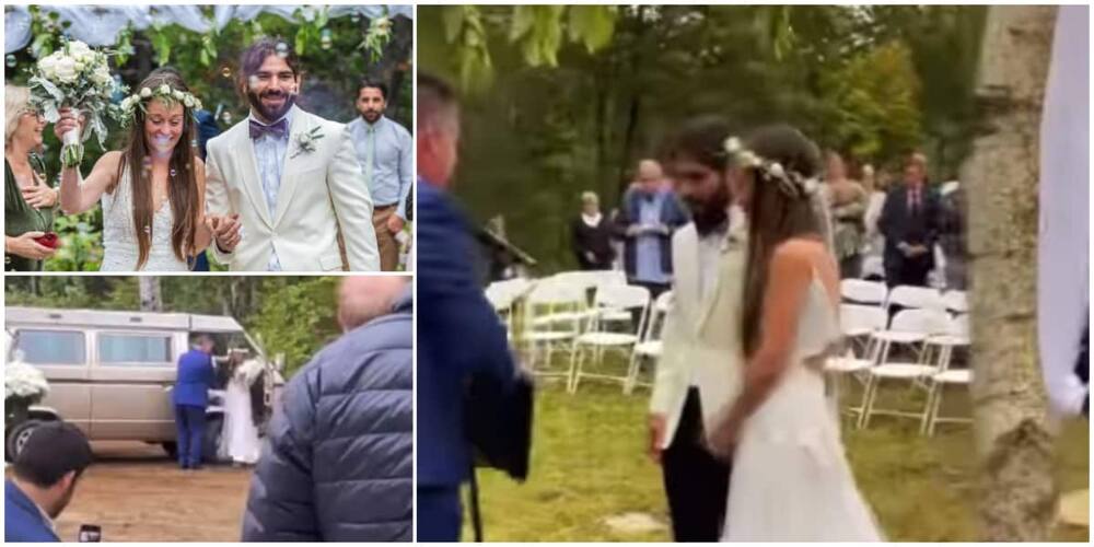 Reactions as bride arrives her wedding to blind lover in tactile dress
