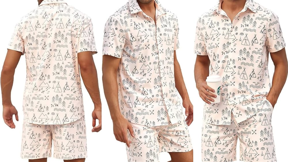 Hawaiian short-sleeved button-down shirt with geometric patterns and matching shorts