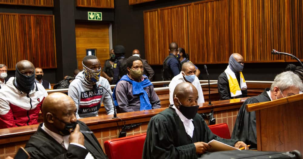 Muzikawukhulelwa STembu Sibiya, Bongani Sandiso Ntanzi, Mthobisi Prince Mncube, Mthokoziseni Ziphozonke Maphisa, and Sifisokuhle Sifiso Nkani Ntuli appear at the Palm Ridge Magistrate's Court