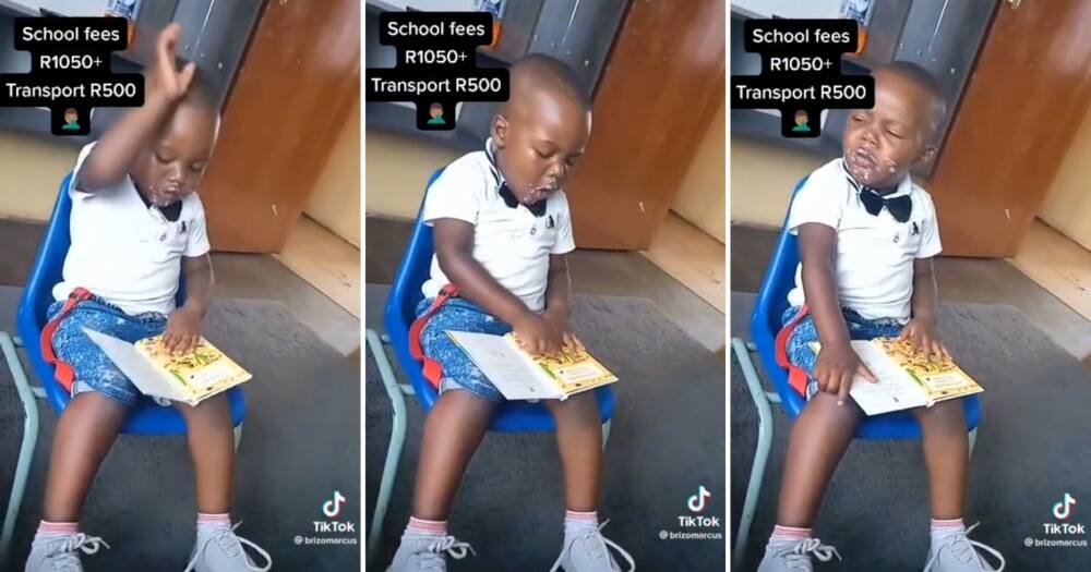 A toddler read a book in gibberish