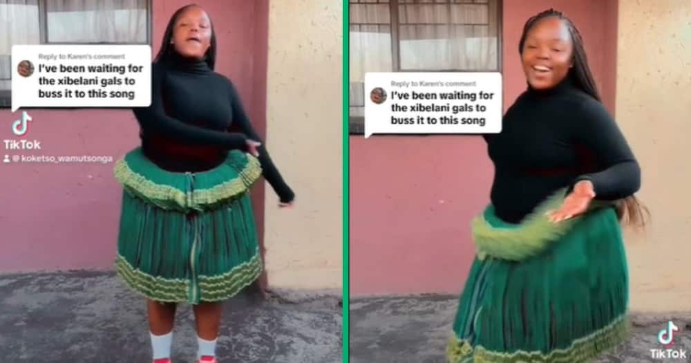 A TikTok video shows a Tsonga woman dancing to an amapiano song in a xibelani