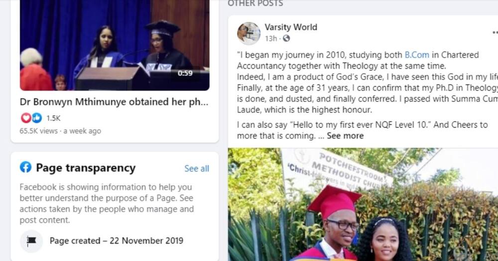 Mzansi social media users are truly inspired by a Ph.D. graduate who has made it at 31. Image: @VarsityWorld/Facebook