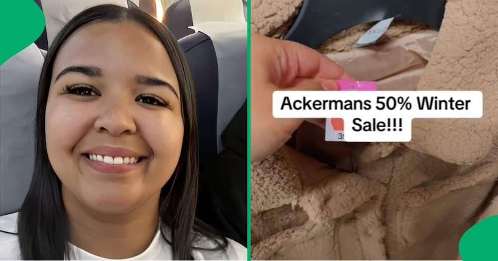 A woman plugged South Africans with Ackermans' 50% off winter sale.
